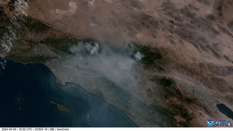 GeoColor imagery from GOES West of multiple wildfires producing pyrocumulus clouds over Southern California on Sept. 9, 2024.