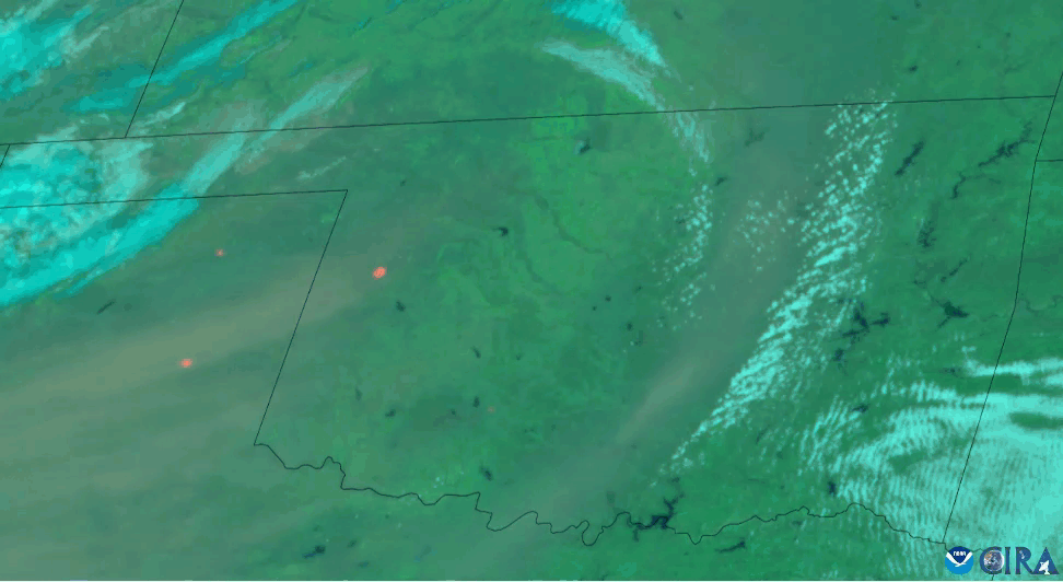 NOAA’s GOES East satellite monitored an outbreak of dangerous wildfires in Oklahoma and Texas on March 14, 2025, some of which prompted immediate evacuations. This type of imagery shows the heat signatures and smoke plumes from these blazes, along with some blowing dust from the west.