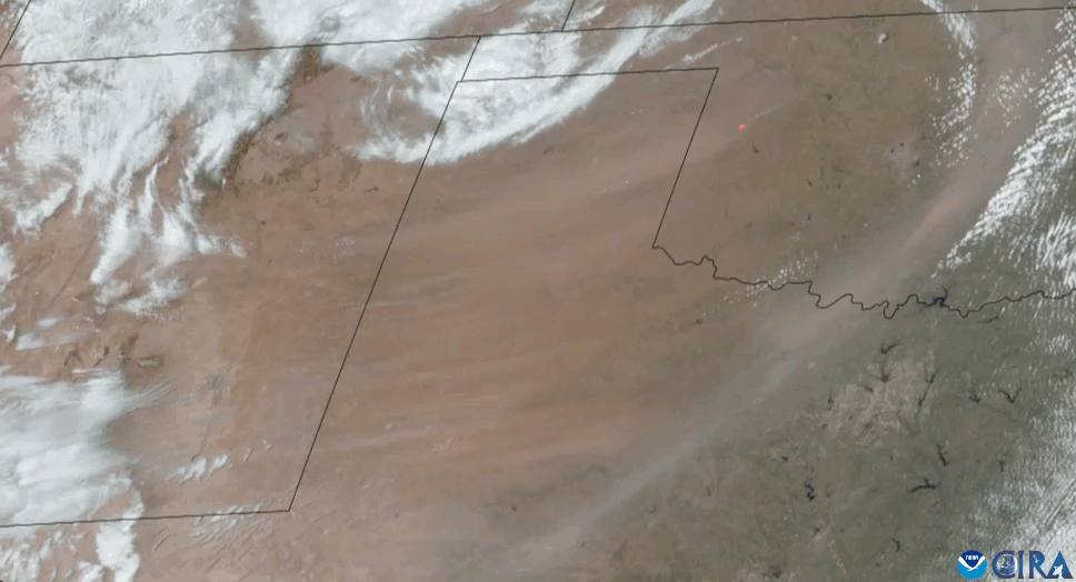 NOAA’s GOES East satellite monitored large swaths of blowing dust over Texas and Oklahoma, due to strong, damaging winds sweeping across the southern Plains on March 14, 2025.