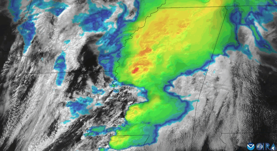 Imagery via NOAA’s GOES East satellite shows dangerous thunderstorms in Mississippi that spawned numerous tornadoes across the region on March 15, 2025. Imagery combines infrared band 13, visible band 2.