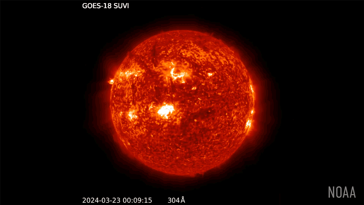 The Sun is captured by NOAA’s GOES-18 SUVI, showing bright active regions and solar activity on its surface.