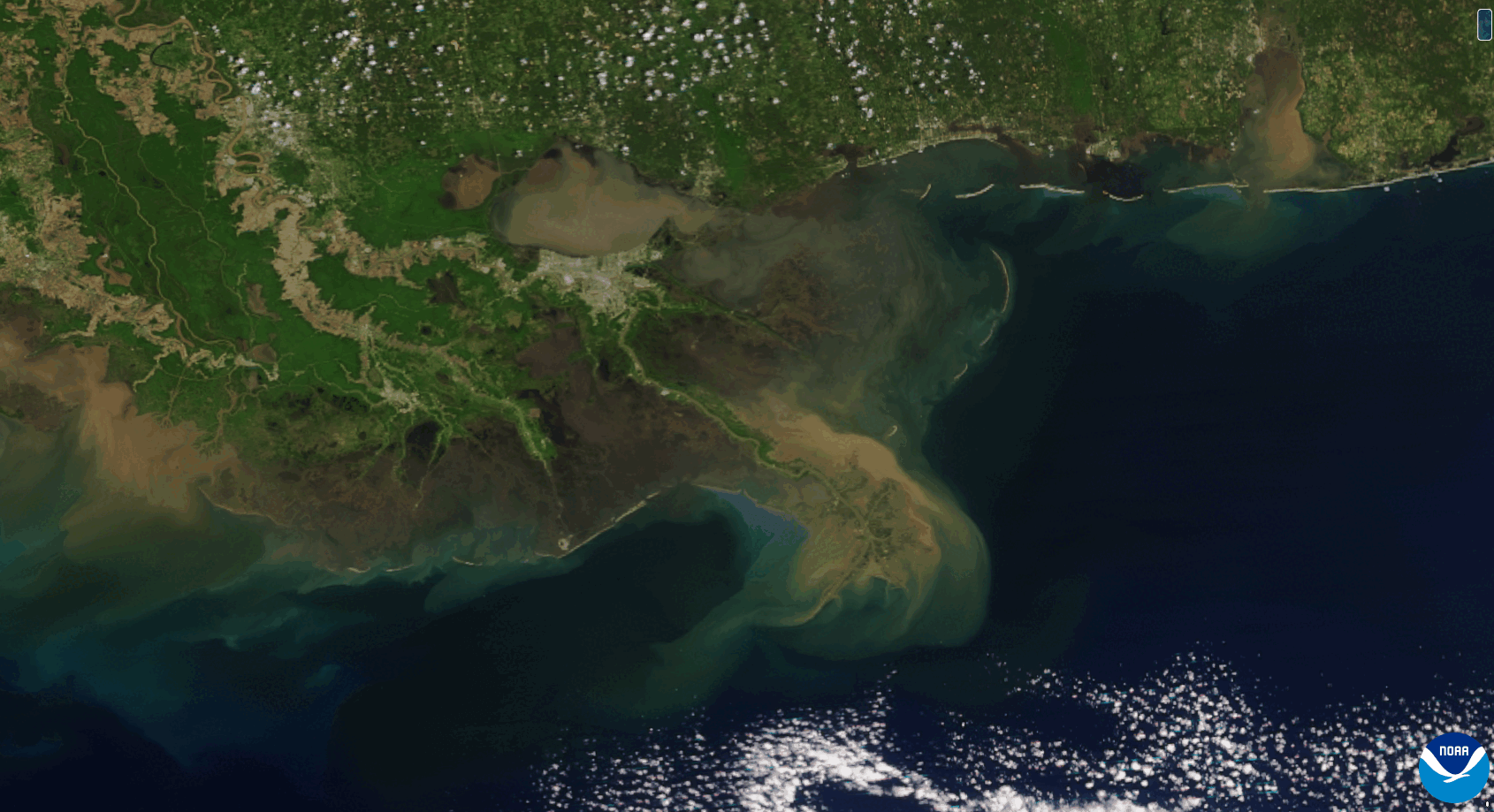 Satellite imagery loop showing sediment runoff in the Mississippi River delta after a large storm system brought heavy rain.