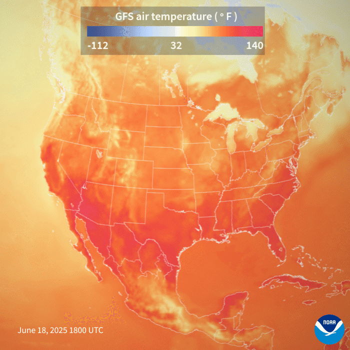 An animation showing an extreme heat wave moving across the U.S.