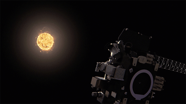 SWFO-L1 satellite in space with the sun in the background.