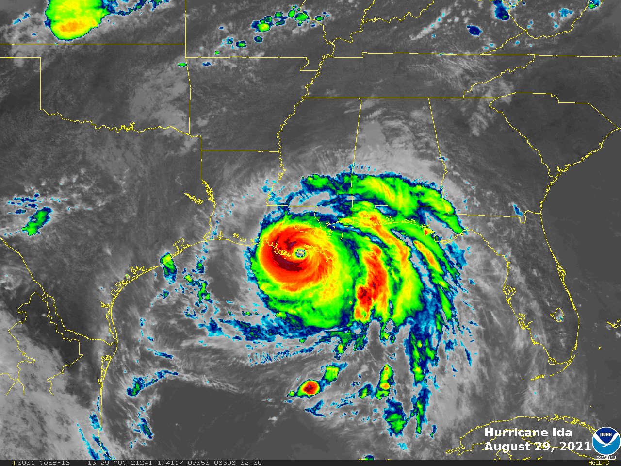 Hurricane Ida seen from space in 2021; blue, yellow, and red data visualizations