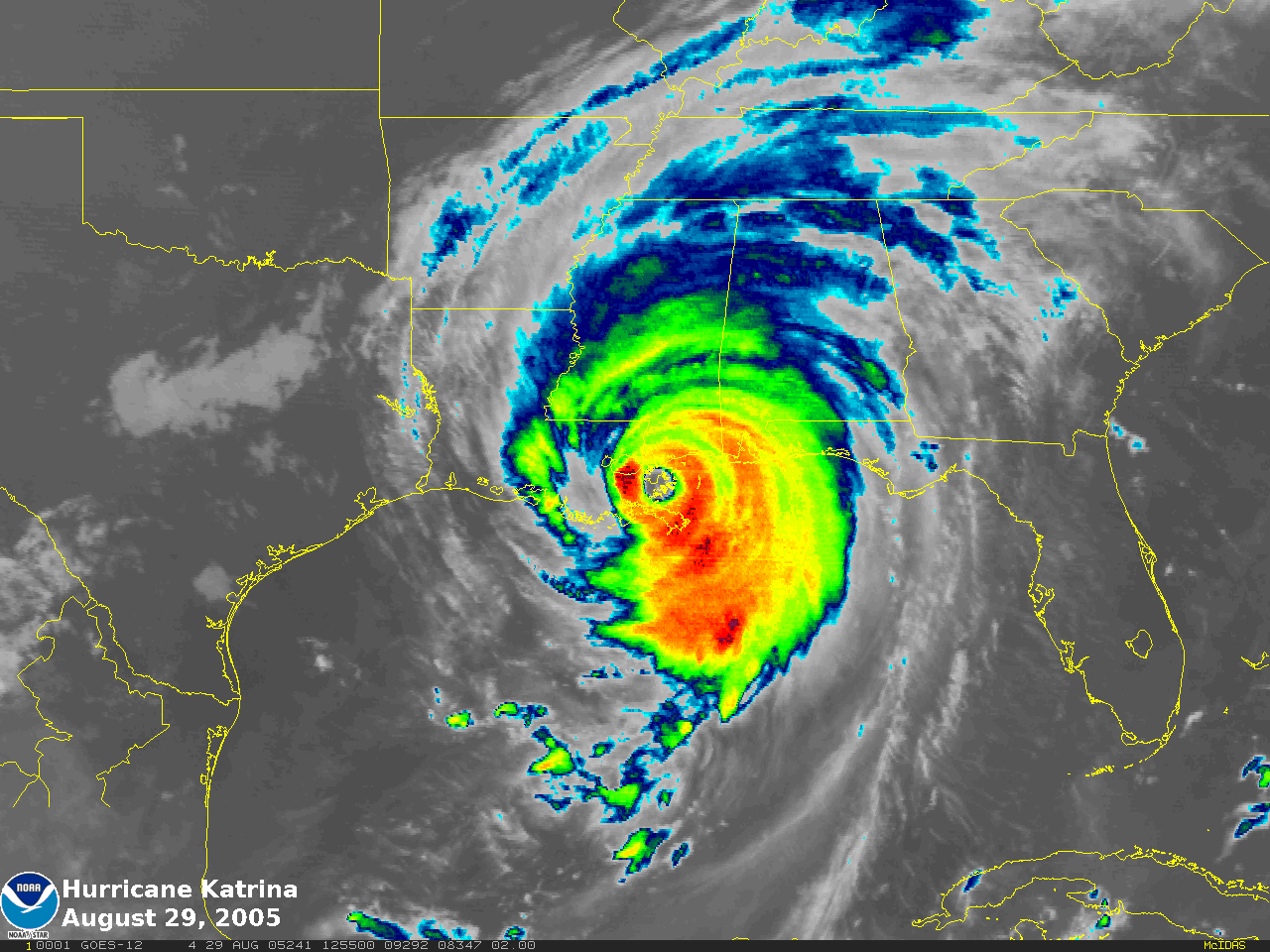 Hurricane Katrina seen from space with blue, yellow and red data visualization.