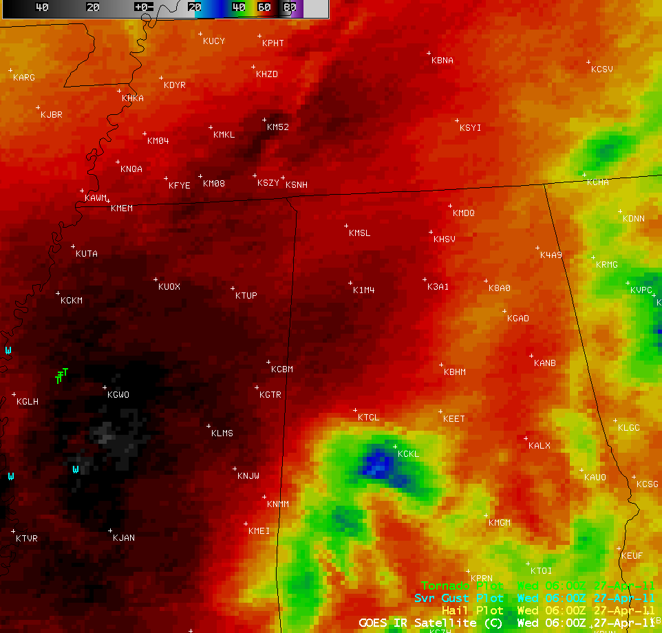GOES-13 infrared channel loop showing the storms. Areas with severe weather reports are marked.