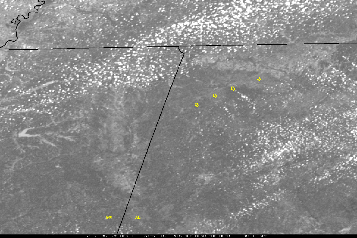 Visible imagery from GOES-13 shows one of the larger tornado tracks across northwestern Alabama.
