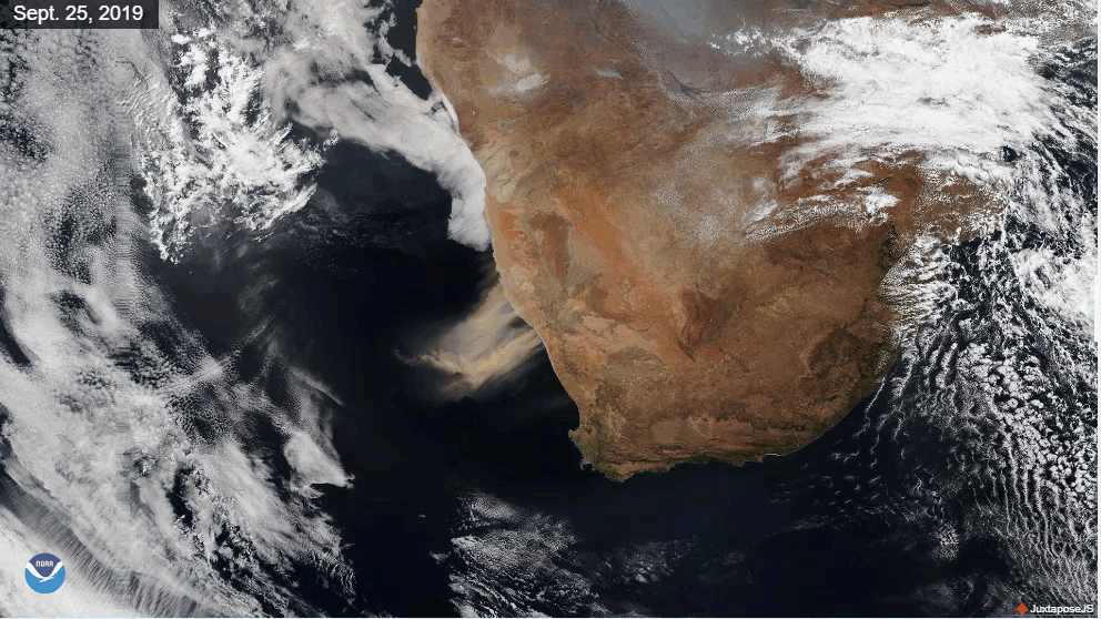 NOAA-20 captured a large dust plume blowing over the Atlantic from  South Africa.