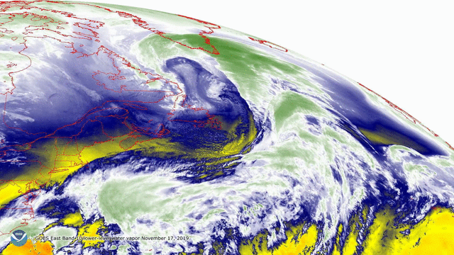 GOES East infrared satellite imagery of a massive cyclone that formed over the Labrador Sea, highlighting a feature known as a "sting jet.". 