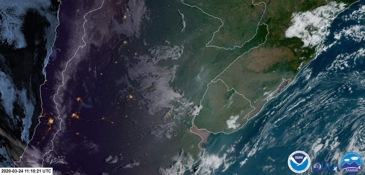 Image loop of the smoke plumes in South America, taken with GOES East GeoColor in March 2020.