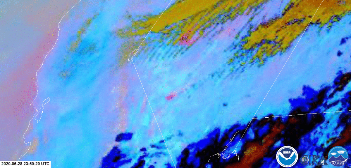 In this Dust RGB imagery via GOES-East, the dust is shown in pink to better differentiate it from clouds (yellow).