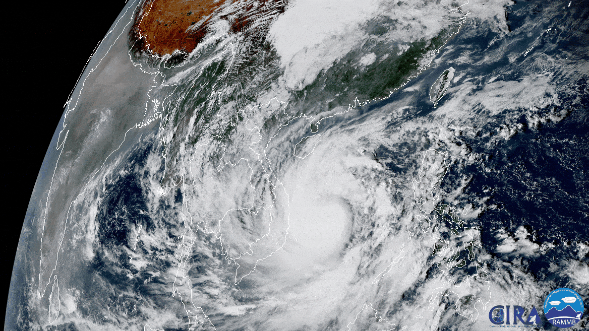 Himawari-8 GeoColor imagery of Typhoon Molave over Southeast Asia and heavy smoke over Indian subcontinent, Oct. 2020. 