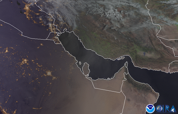 Dust blowing over the Persian Gulf on March 8, 2020. Image via Meteosat-8. via TrueColor