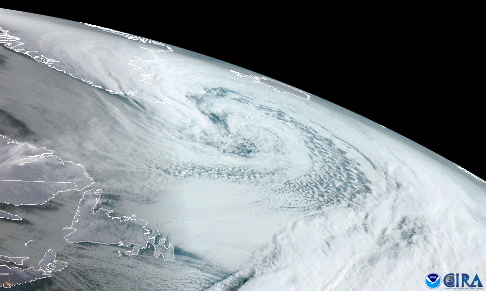 A view of the extratropic system from the GOES-East satellite on March 22, 2020.