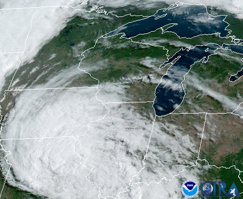 GOES-16 GeoColor imagery of the remnants of Tropical Storm Cristobal