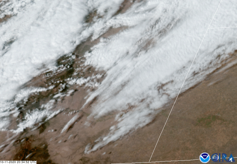 A GeoColor view of the haboob across the high plains, seen by GOES-East on Oct. 11, 2020