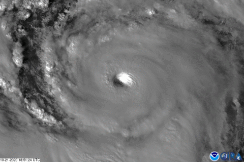 Band 2 imagery from GOES-East satellite of Hurricane Epsilon quickly intensify from a Category-1 storm to a major Category-3 storm.  