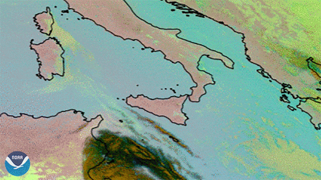 Zoom of Mt. Etna spewing ash with the Ash product, Meteosat-11 imagery. 