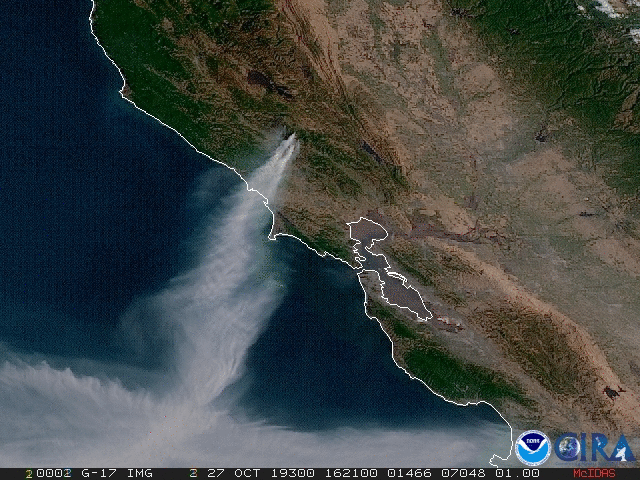 A view from GOES-17 of the smoke plume from California’s Kincade Fire, October 27, 2019
