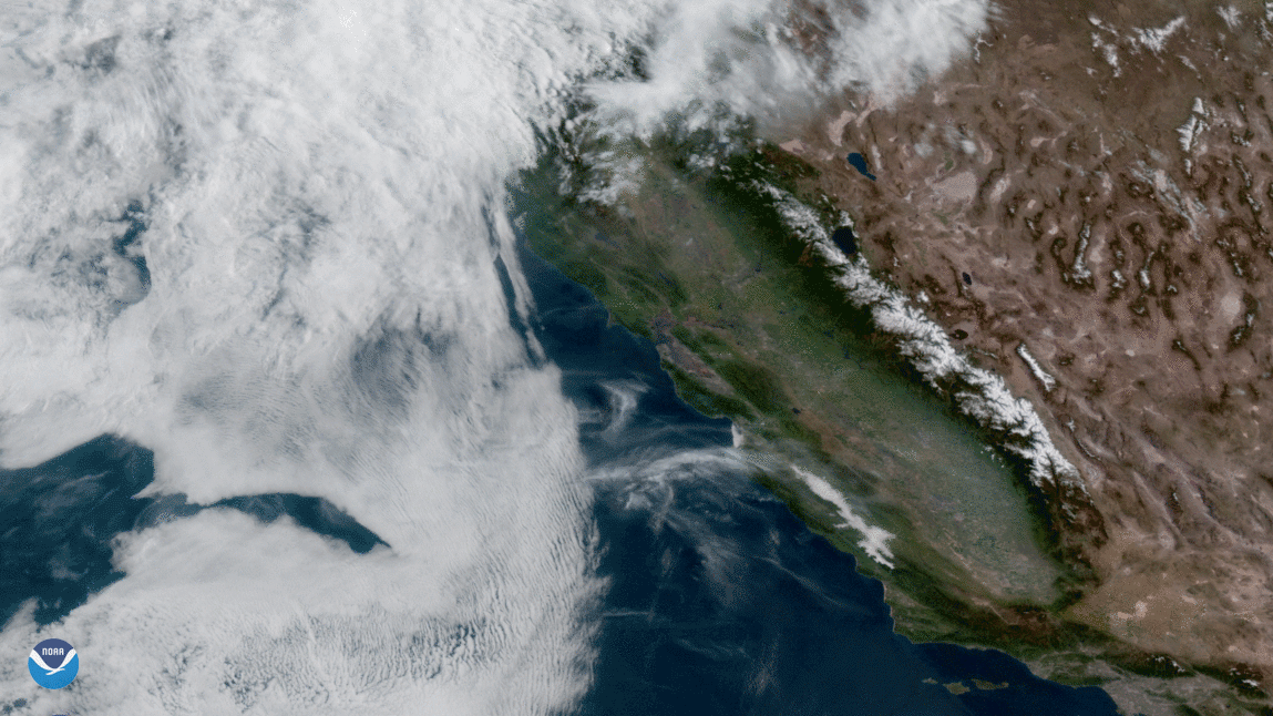 GOES-17 (GOES-West) imagery of a large amount of stationary cloud cover over the San Francisco area on April 22, 2020.
