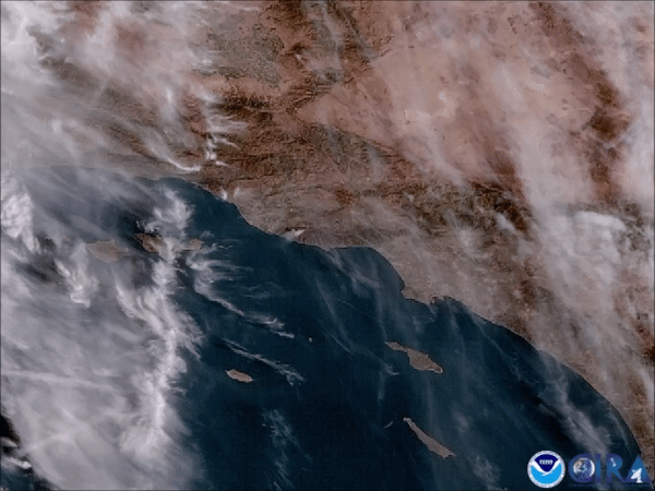 Woosley Fire in California, from Nov. 2018, seen via GOES-17's GeoColor. 