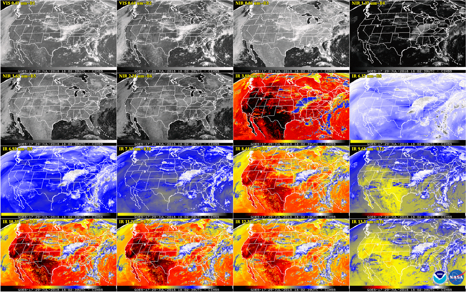 image shows a snapshot of the continental U.S. and surrounding oceans from each of the Advanced Baseline Imager channels 
