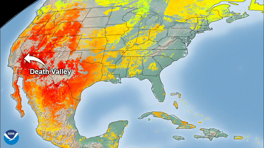 Heat Land Surface Temperature of continental U.S., with Death Valley pinpointed on map.