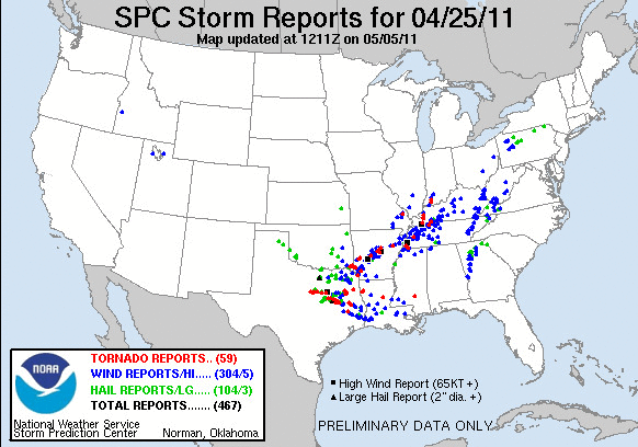 Areas where tornadoes, high wind, and hail were reported by NOAA's Storm Prediction Center