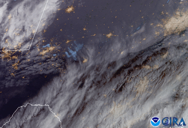 GeoColor imagery of Texas from GOES East, showing approaching storm front.