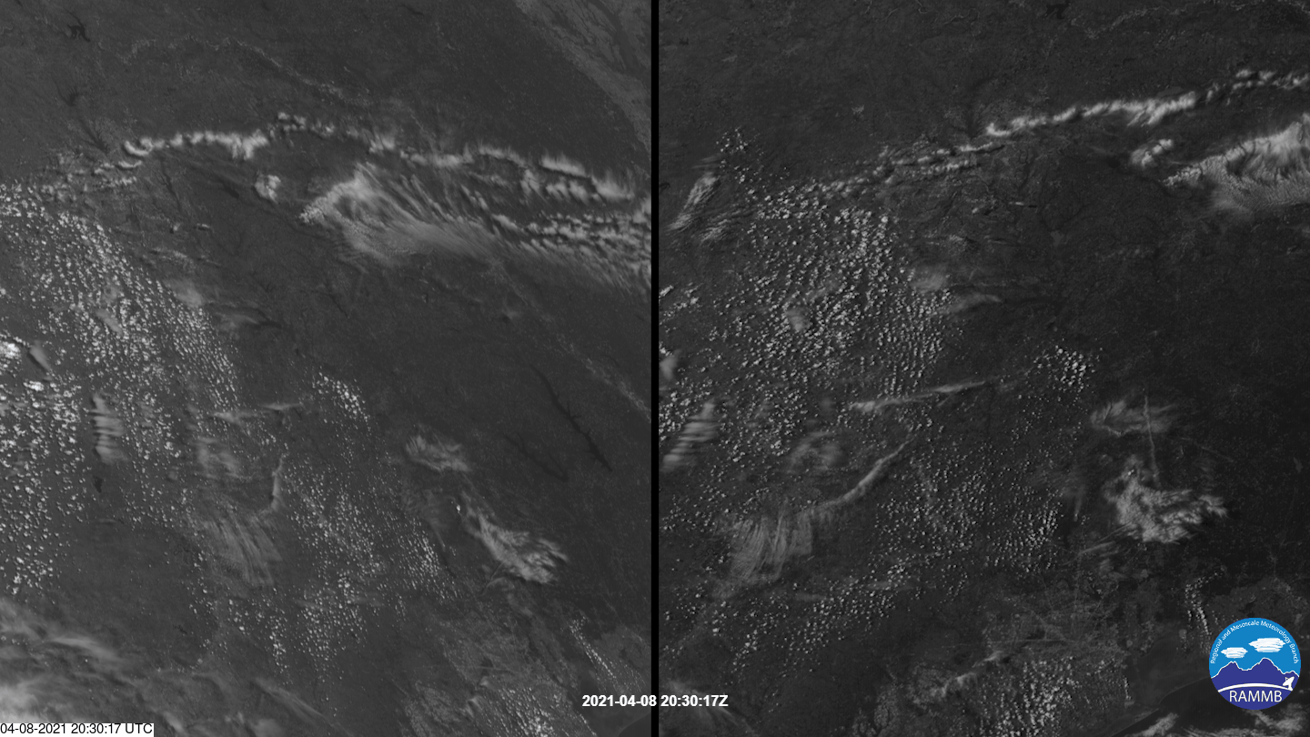 Band 2 imagery of supercell over Texas, from both GOES East and GOES West's perspectives. 