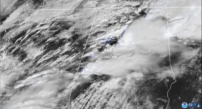 GOES East supercell imagery over Alabama and Georgia, in visible/infrared.