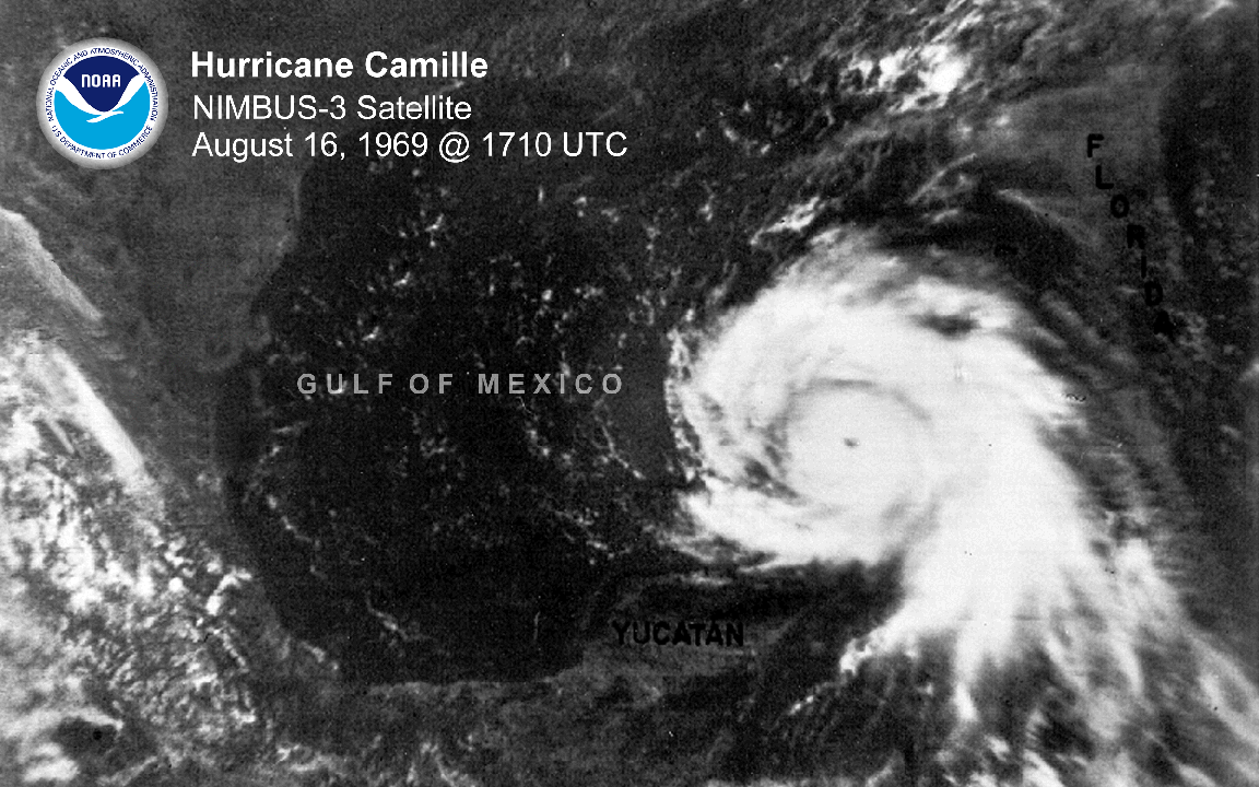 Visible imagery of Hurricane Camille via the NIMBUS-3 satellite, captured August 1969.