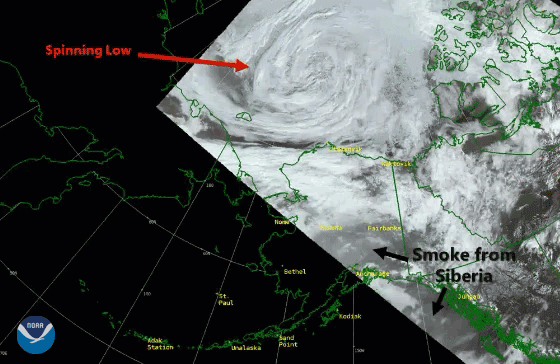 Satellite loop showing the smoke/haze over the interior of Alaska.