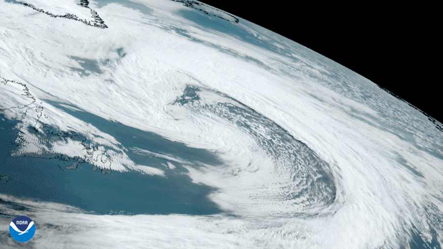 Satellite image of cyclone in the North Atlantic between Greenland and Canada