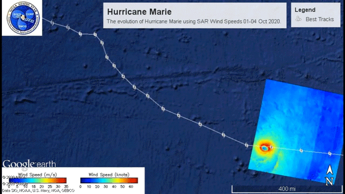 The evolution of Hurricane Marie in the Pacific over four days in Oct. 2020.