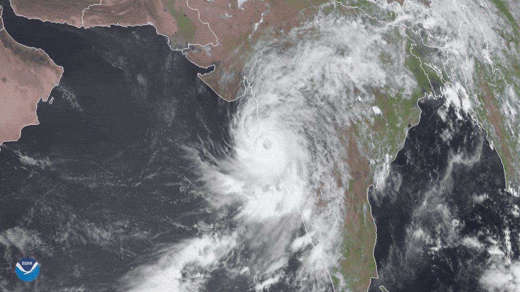 Satellite imagery shows cyclone Nisarga making landfall in India on June 3, 2020.