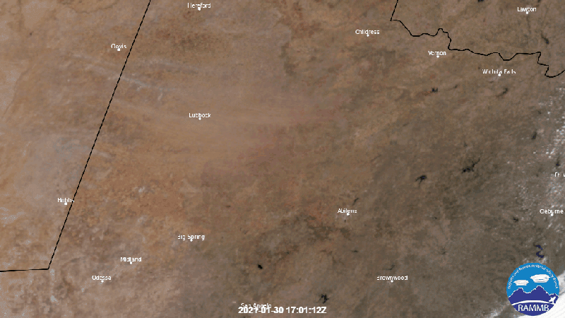 NOAA’s GOES East viewed a dust storm that blew across North Texas with sustained winds of 30-40 mph