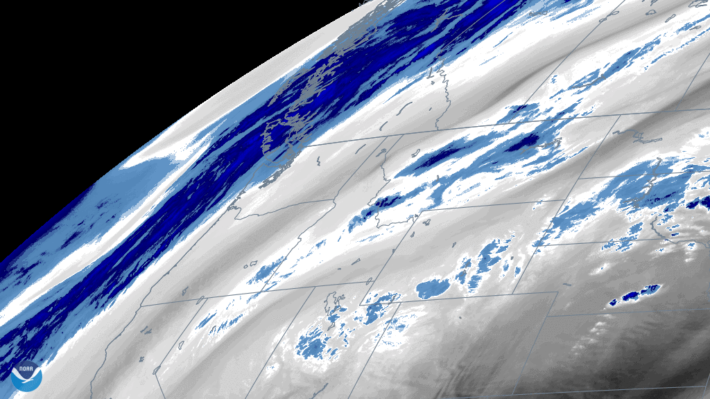Water vapor imagery via GOES East shows atmospheric wave pattern in the Pacific Northwest