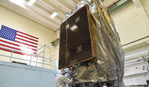 Image of JPSS-1 undergoing Vibration Testing