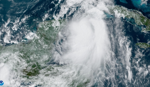 Image of Hurricane Idalia from space over the atlantic ocean on august 28th, 2023.