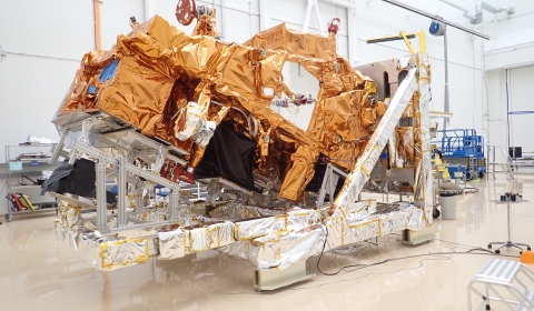 JPSS-2 entire spacecraft with fully integrated instruments in a clean room