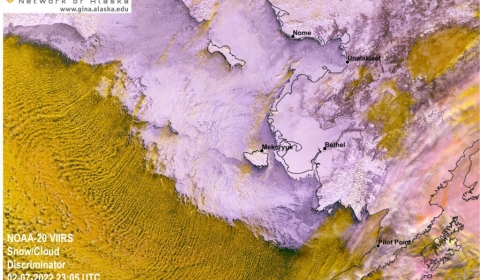 Enhanced satellite image over the Bering Sea showing low stratocumulus low clouds in yellow.