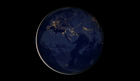 3D render of the Earth at night focusing on Europe and Africa.