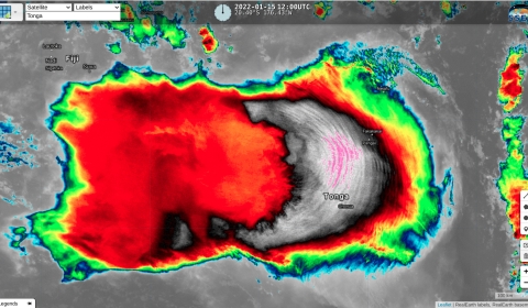 Enhanced color satellite image from VIIRS over Hunga Tonga volcano eruption in 2022