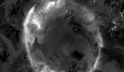 Composite from NOAA-21 VIIRS satellite imagery of auroras over the Arctic created by the effects of a geomagnetic storm that reached the Earth on November 5-6, 2023.
