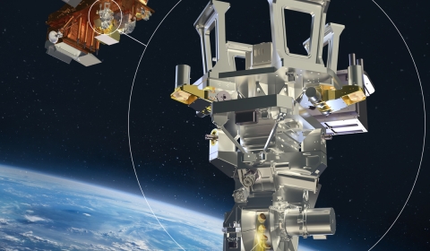 Render of a satellite over Earth with a detail zoomed in view of the Libera instrument.