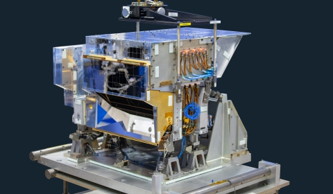 Stand-alone Cross-track Infrared Sounder (CrIS) instrument against empty background.