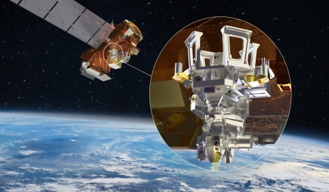 Render of a JPSS-4 satellite over Earth with a detail close-up view of the Libera instrument.