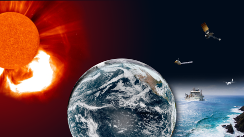 Collage of solar flare, Earth and ship sailing, plane flying and satellites orbiting in space